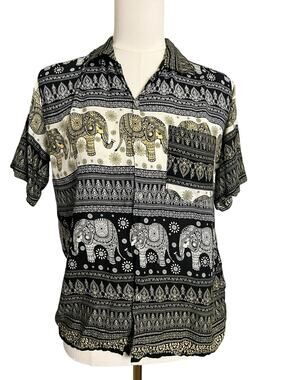 Thai Elephant Print Rayon Camp Shirt Womens Medium Boho Button Up Top